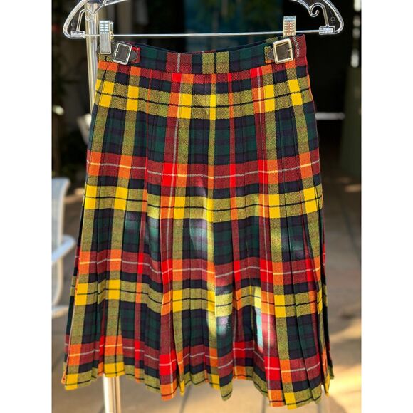 VTG Yellow Red Tartan Plaid Pleat Kilt Wrap Skirt Size XS/S Buckle Thru Closure - Picture 8 of 8